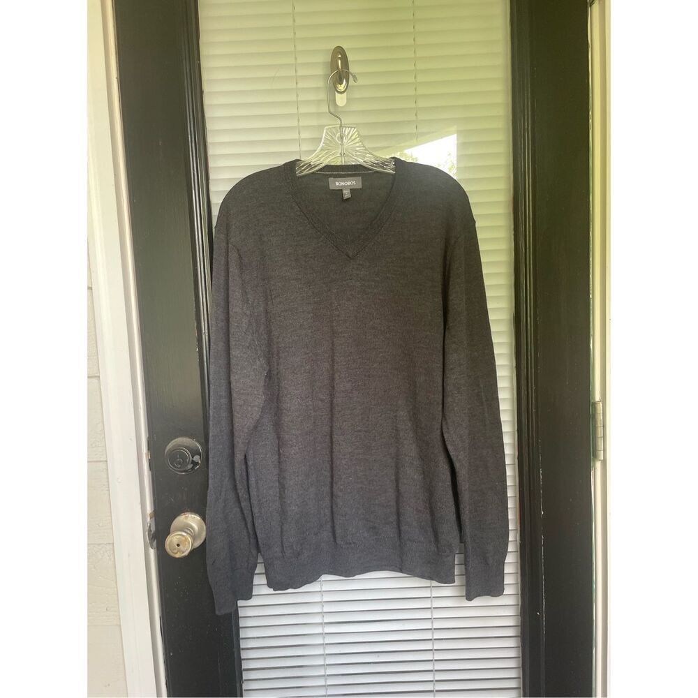 Bonobos Men V Neck Pullover Sweater 100% Extra Fine Merino Wool L Gray